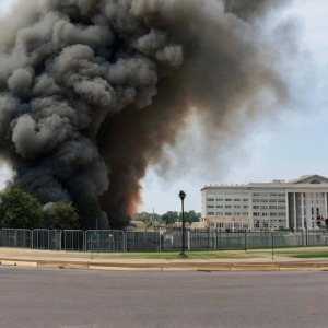 A fake image of a short white building behind a security fence with an explosion in the foreground to its left, that people claimed was an image of the pentagon exploding.